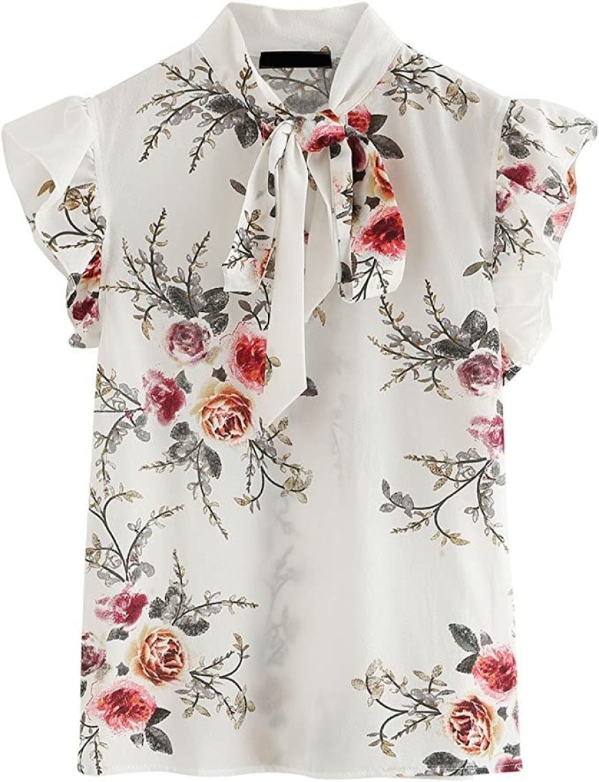 Romwe Women's Casual Short Sleeve Ruffle Trim Bow Tie Blouse